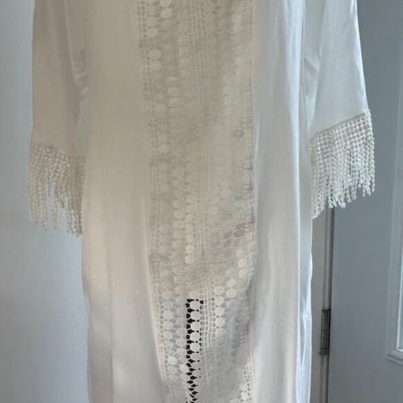 Solitary Swim White Beach Cover-Up Dress With Crochet And Fringe Sleeves - US S - Picture 8 of 8
